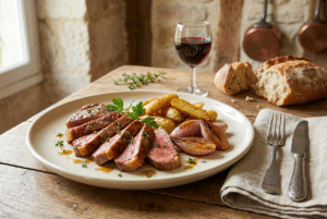 Araignée de bœuf poêlée aux échalotes confites et pommes de terre sautées