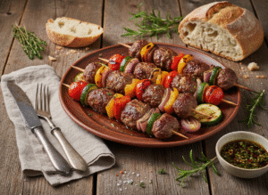 Recette brochettes aux galettes de bœuf bio et légumes grillés