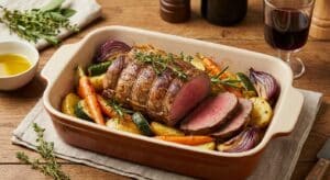 Recette rôti de bœuf bio aux légumes rôtis