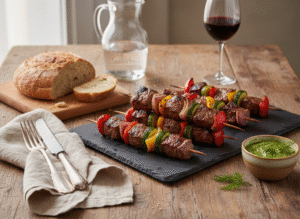 Brochettes de bœuf marinées aux légumes grillés