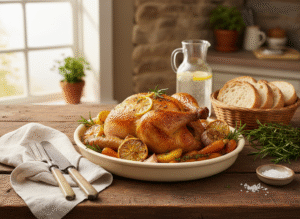 Poulet prêt à cuire au four, parfumé aux herbes et citron
