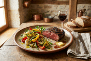 Rumsteck de bœuf mariné, grillé à la perfection avec légumes croquants