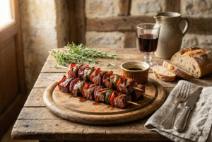 Brochettes de hampe de bœuf bio marinées au miel et au soja