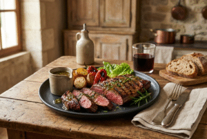 Hampe de bœuf bio à la plancha, sauce à l'ail et au romarin