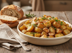 Pommes de terre rôties à la graisse de bœuf, herbes et ail