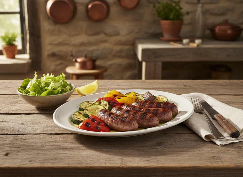 Saucisses de bœuf grillées à la plancha, accompagnées de légumes d’été