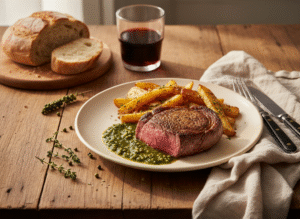 Steak de bœuf à la graisse de bœuf, sauce au poivre vert