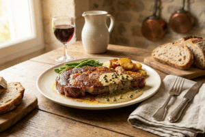 Entrecôte de bœuf au poivre vert, sauce crémeuse