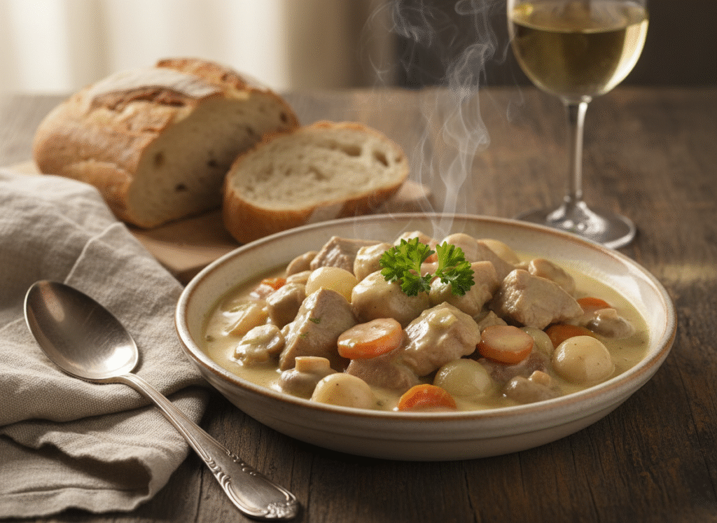 Blanquette de veau légère et crémeuse, idéale pour un repas en famille
