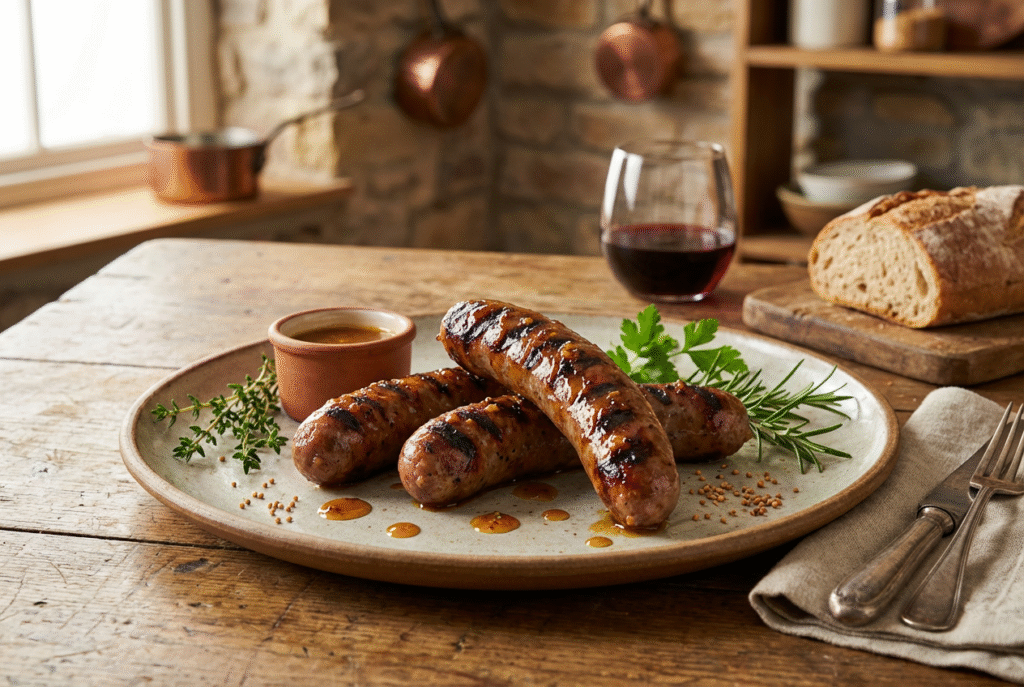 Chipolatas de bœuf grillées, sauce moutarde et miel