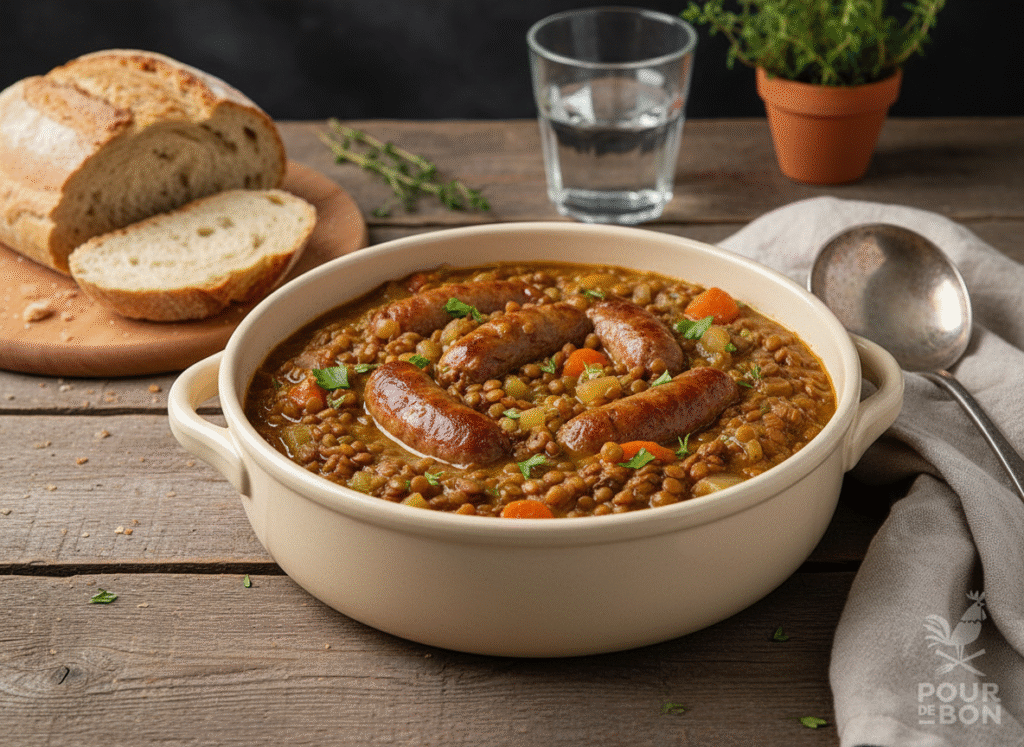 Chipolatas de bœuf mijotées aux lentilles
