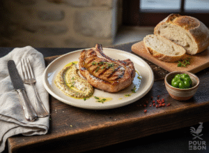 Côte de veau grillée à la plancha, sauce moutarde et herbes