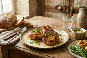 Côte de veau grillée, sauce au beurre citronné et herbes