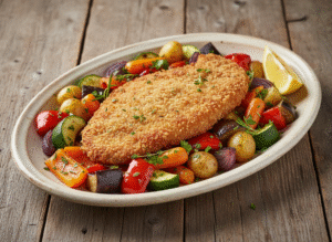 Côte de veau panée aux herbes, accompagnée de légumes rôtis