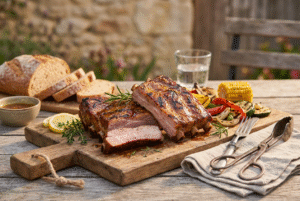 Côtes échine marinées au miel et moutarde, cuisson au barbecue
