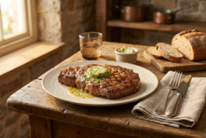 Entrecôte de bœuf maturée grillée au beurre maître d’hôtel