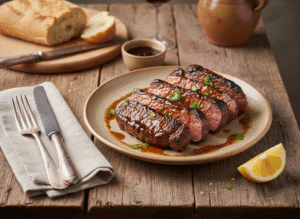 Merlan de bœuf mariné au miel et soja, grillé à la poêle