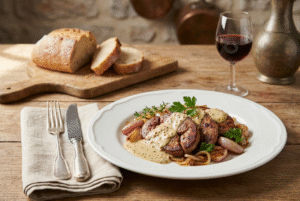 Rognon de veau poêlé, sauce moutarde et échalotes