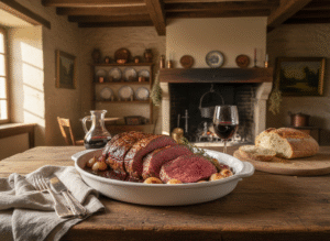 Rôti de bœuf maturé basse température et sauce au vin rouge