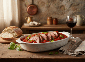 Rôti de veau à la sauce tomate et basilic, cuisson en cocotte minute