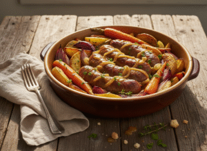 Saucisses de bœuf à l’échalote en sauce, avec légumes rôtis