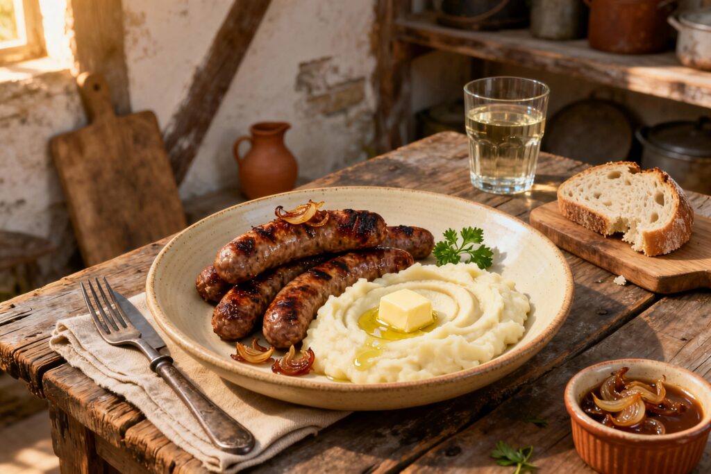 Saucisses de bœuf à l’échalote grillées, accompagnées d’une purée crémeuse