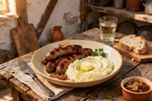 Saucisses de bœuf à l’échalote grillées, accompagnées d’une purée crémeuse