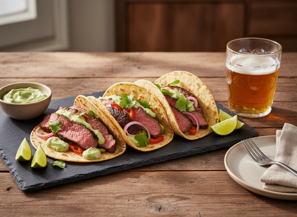 Tacos de picanha de bœuf, sauce avocat et citron vert