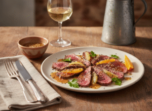 Tataki de merlan de bœuf, sauce sésame et agrumes